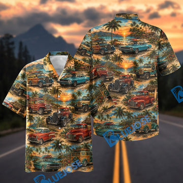 BlueJose Tropical Beach Cruiser Vintage Classic Car Hawaiian Shirt
