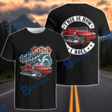 BlueJose Route 66 Classic Chevy 3D T-Shirt – "This Is How I Roll" Red Convertible All-Over Print Tee