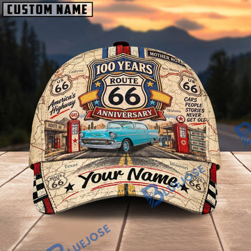 BlueJose Route 66 100 Years Anniversary "America's Highway" Personalized Name Cap – Vintage Gas Station Bel Air Custom Baseball Cap