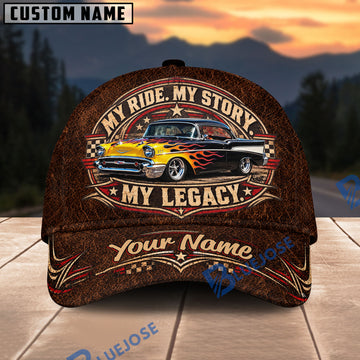 BlueJose My Ride, My Story, My Legacy Personalized Name Cap – Flamed Classic Chevy Custom Baseball Cap