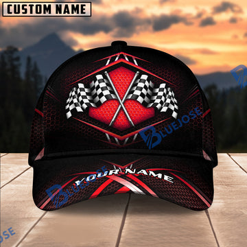 Racing Checkered Flag Personalized Name Cap – Red Metallic Honeycomb Custom Classic Baseball Cap
