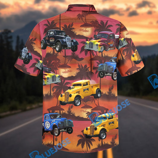 Bluejose Custom Car Vintage Hot Rod Trucks Tropical Sunset Hawaiian Shirt