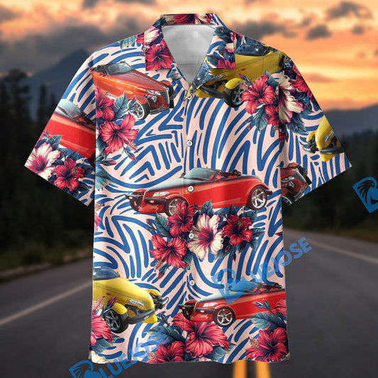 Bluejose Custom Car Retro Modern Hot Rod Tropical Hibiscus Hawaiian Shirt