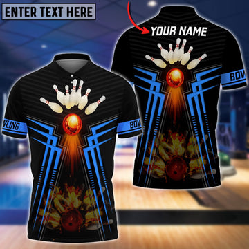 BlueJose Blue Bowling Ball  And Pins Flame Premium Customized Name 3D Shirt