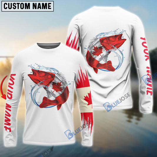 Bluejose Personalized Walleye Fishing Jerseys, Custom Canadian Flag Walleye Long Sleeve, Long Sleeve Hooded