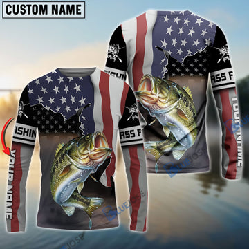 Bluejose Bass Fishing American Flag Custom Name Shirts