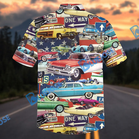 Bluejose American Vintage Classic Car Collage Street Sign Hawaiian Shirt