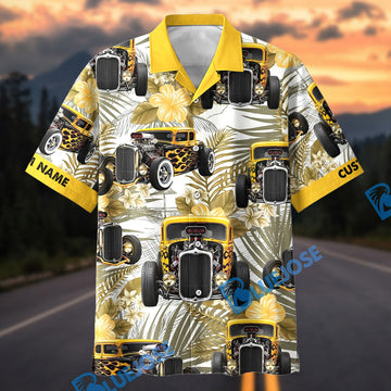Bluejose Personalized Car Yellow Flame Hot Rod Tropical Floral Hawaiian Shirt