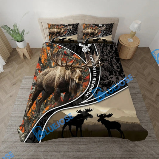 Bluejose Moose Hunting Leather Happy Couple Moose Pattern Bedding Set 3D All Over Printed