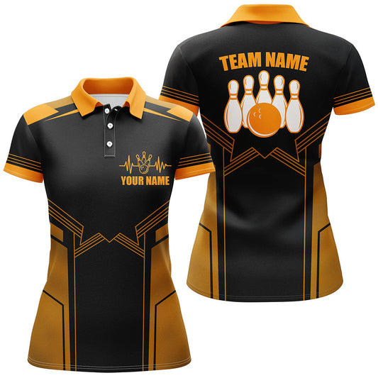 BlueJose Orange Bowling Ball And Pins Premium Customized Name 3D Shirt For Women