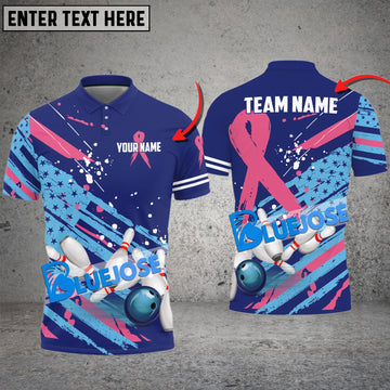 BlueJose Bowling Pink Ribbon American Flag Pattern Customized Name, Team Name 3D Shirt