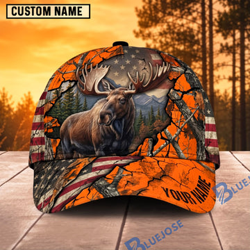 BlueJose Moose Hunting Rustic American Flag Orange Camo Personalized Name 3D Cap