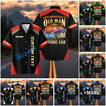 Bluejose Personalized Never Underestimate an Old Man Born in 1965 with a Classic Car Hawaiian Shirt