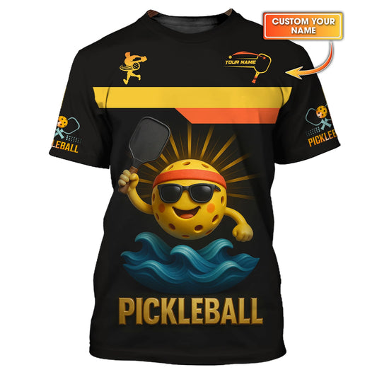 Custom Pickleball Shirt – Cool Ball in Sunglasses – Black Gold Funny Paddle Tee