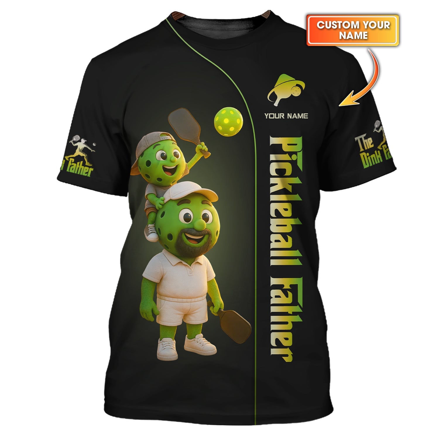 Custom Black Pickleball Father Shirt – Cute Green Ball Characters Gift for Dad and Son