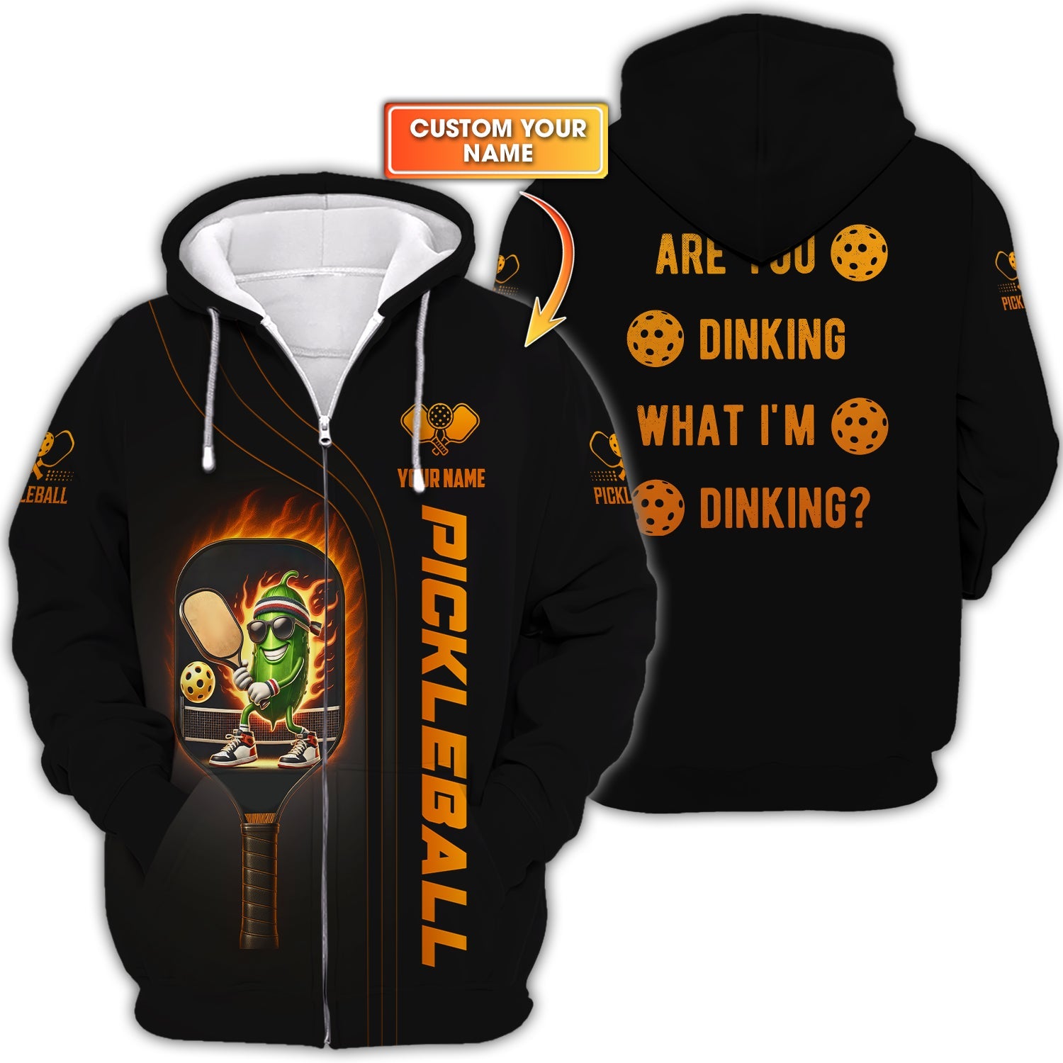Funny Pickleball Shirt – Are You Dinking What I’m Dinking – Custom Name Black Flame Design