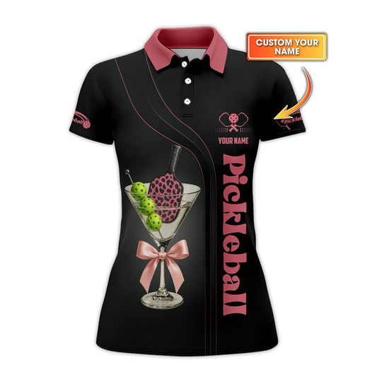 Personalized Name Women's Pickleball Outfits, Martini Glass With Paddle And Balls Polos, Pickleball Custom Name Shirts