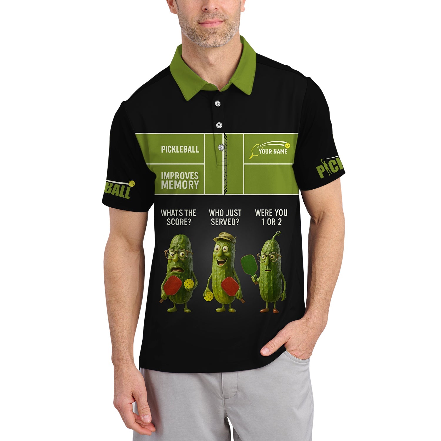 Funny Pickleball Shirts, Men's Custom Name Pickleball Improves Memory Polos, Gift For Pickleball Players