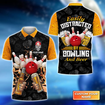 BlueJose Easily Distracted By Bowling And Beer Customized Name 3D Shirt