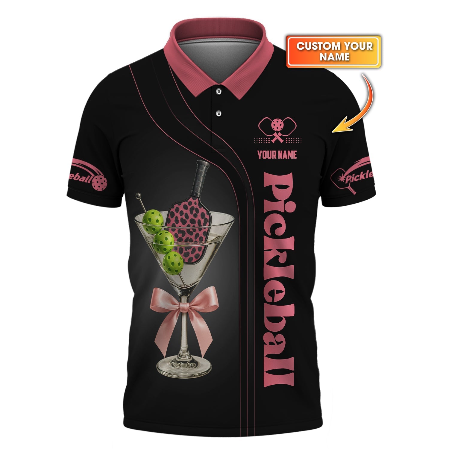 Personalized Name Women's Pickleball Outfits, Martini Glass With Paddle And Balls Polos, Pickleball Custom Name Shirts