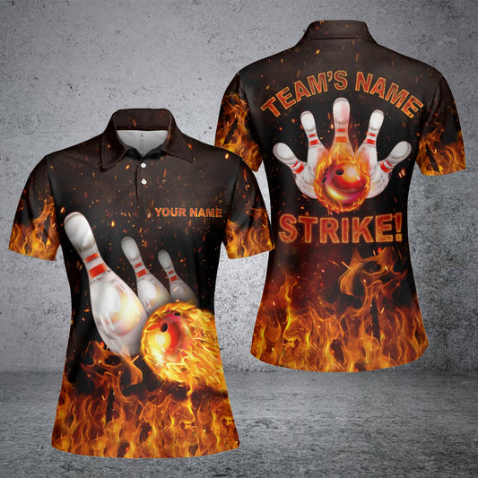 BlueJose Flames Bowling Strike Personalized All Over Printed Shirt For Women