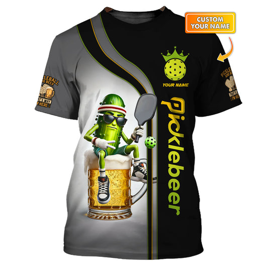 Custom Pickleball Beer Shirt – Funny Pickle Character on Beer Mug – Personalized 'Picklebeer' Apparel for Players Who Love to Party