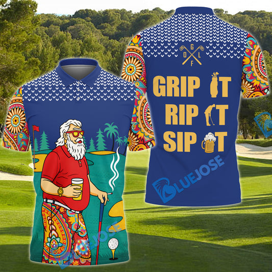 BlueJose Grip It Rip It Sip It Men's Funny Golf Shirts, Custom Name & Team Name 3D Shirts