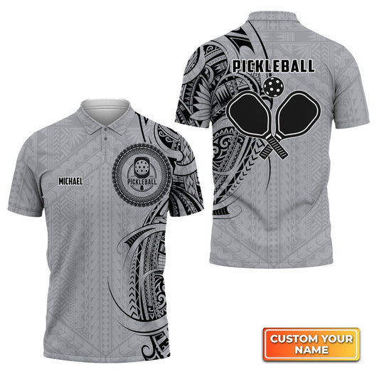 Strike Grey Tribal Tattoo Personalized Name 3D Polo Shirt Gift For Pickleball Player