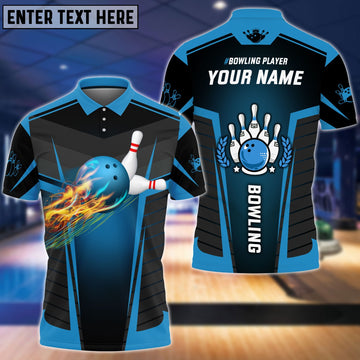 BlueJose The Blue Bowling Ballin Flames Breaks White Skittles Personalized Name 3D Shirt