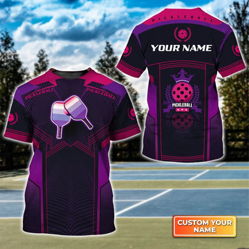 Pickleball Paddles Purple Pattern Personalized Name 3D Tshirt Gift For Pickleball Player