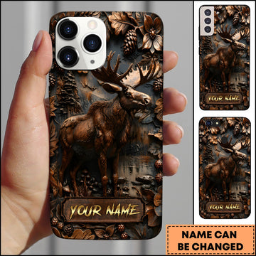 BlueJose Moose Wildlife Rustic Wood Carving Forest Antlers Multiple Options Personalized Name Phone Case