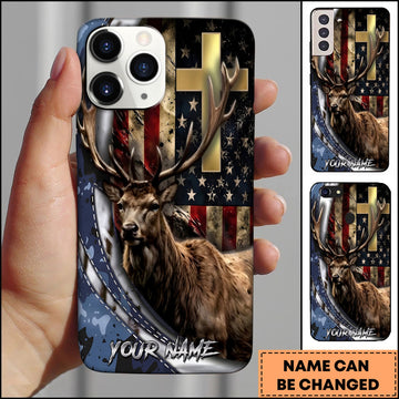 BlueJose Elk Hunting Christian Cross American Flag Patriotic Wildlife Multiple Options Personalized Name Phone Case