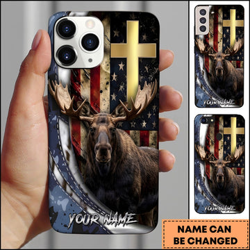 BlueJose Moose Hunting Christian Cross American Flag Patriotic Wildlife Multiple Options Personalized Name Phone Case