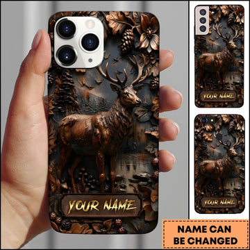 BlueJose Deer Wildlife Rustic Wood Carving Forest Antlers Multiple Options Personalized Name Phone Case