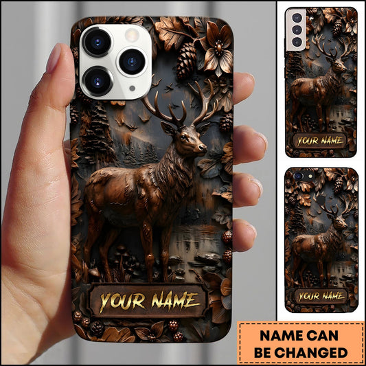 BlueJose Deer Wildlife Rustic Wood Carving Forest Antlers Multiple Options Personalized Name Phone Case