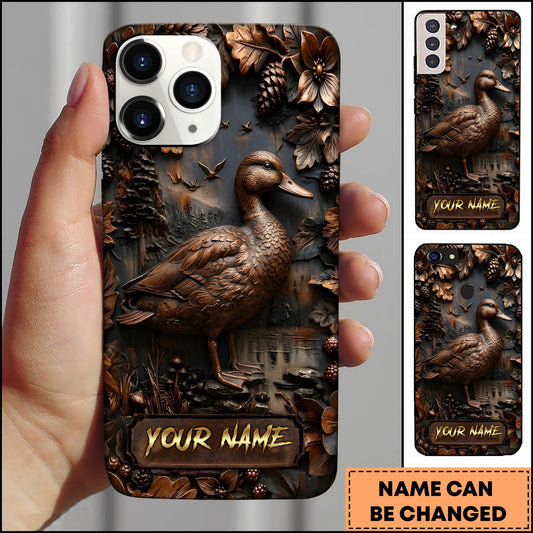 BlueJose Duck Wildlife Rustic Wood Carving Forest Art Multiple Options Personalized Name Phone Case
