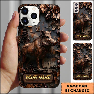 BlueJose Wild Boar Wildlife Rustic Wood Carving Forest Art Multiple Options Personalized Name Phone Case
