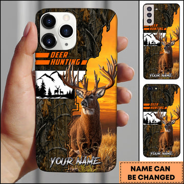 BlueJose Deer Hunting Whitetail Buck Orange Sunset Camo Forest Multiple Options Personalized Name Phone Case