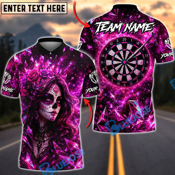 BlueJose Darts Crystal Crown Sugar Skull Girl Personalized Name, Team Name Unisex Shirt (4 Colors)