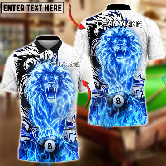 BlueJose Billiards Ball 8 Lion Electric Lightning Power Design Personalized Name Shirt (4 Colors)