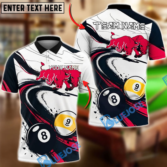 BlueJose Billiards Ball 8 Ball 9 Bull Power Motion Dynamic Design Personalized Name Shirt (4 Colors)
