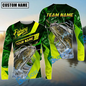 Bluejose Catfish Fishing Green Neon Splash Water Artwork Custom Name & Team Name 3D Shirts