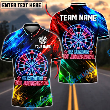 BlueJose Darts Be Curious Not Judgemental Neon Dartboard Design Personalized Name Shirt