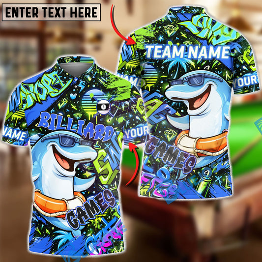 BlueJose Billiards Graffiti Cool Dolphin 9 Ball Character Personalized Name Shirt (4 Colors)