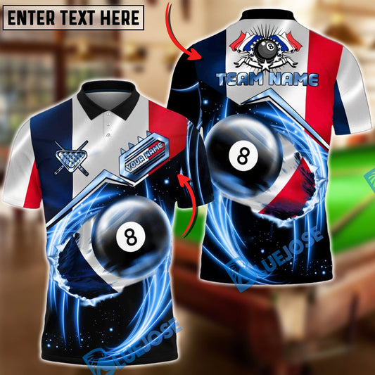 BlueJose Billiards France Flag 8 Ball Blue Energy Swirl Personalized Shirt