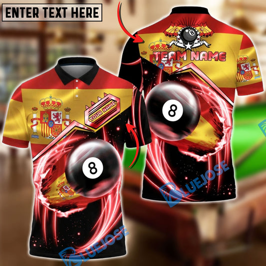 BlueJose Billiards Spain Flag 8 Ball Fire Red Energy Swirl Personalized Shirt
