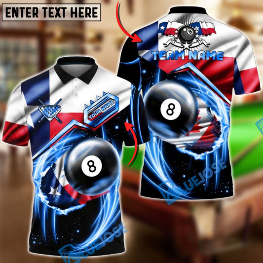 BlueJose Billiards Texas Flag 8 Ball Blue Energy Swirl Personalized Shirt