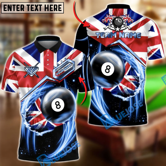 BlueJose Billiards UK Flag 8 Ball Blue Energy Swirl Personalized Shirt