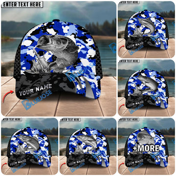 BlueJose Fishing Jumping Splash Blue Camo Design Personalized Cap (13 Breeds)