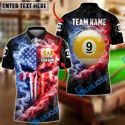 BlueJose Billiards 9 Ball American Flag Smoke Fire Punisher Skull Design Personalized Shirt